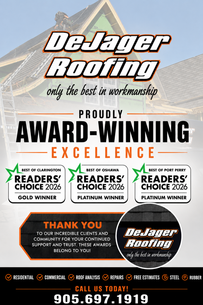 DeJager Roofing homepage advertisement promoting award-winning residential roofing services.